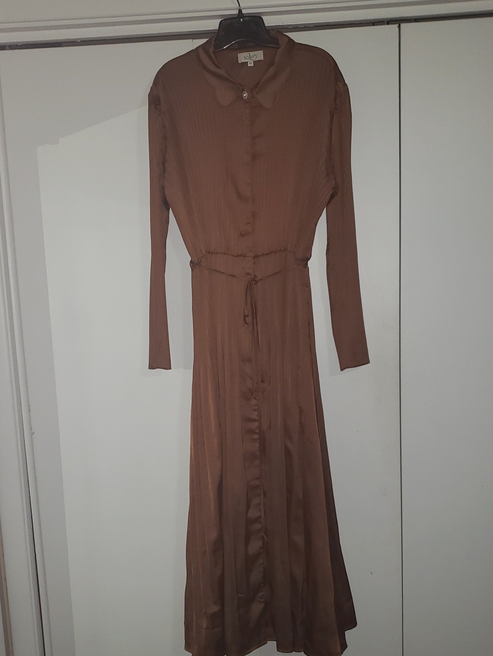 Solei Bronze Button-Front Micro Pleated Satiny Maxi Dress with Tie Waist